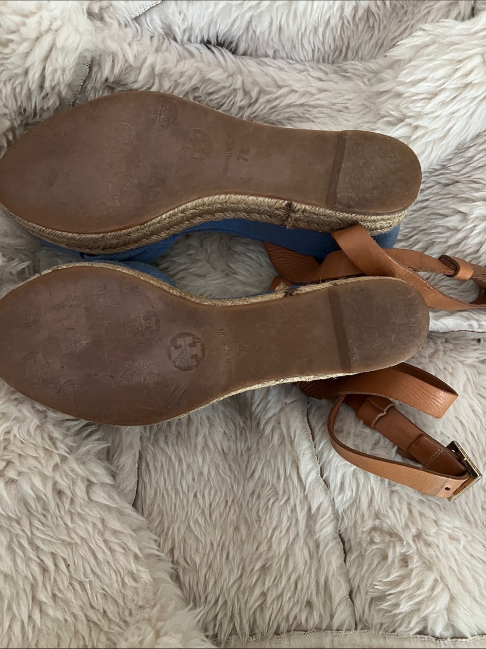 Tory Burch Blue Fabric Espadrille Wedge Sandals with Tan Straps - Picture 4 of 9